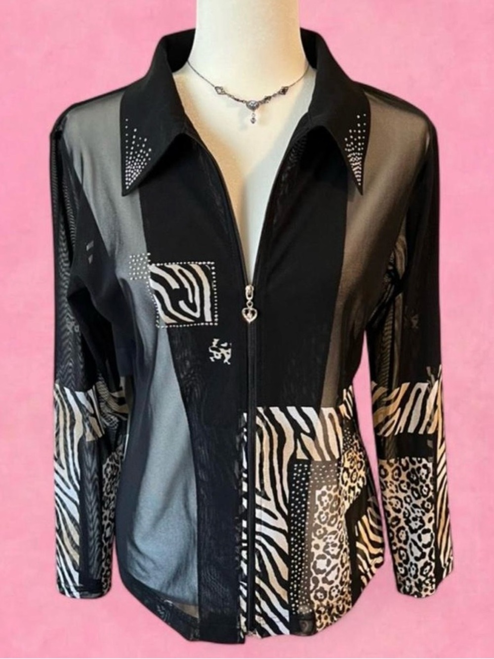 Vintage Valentina 90’s mesh sheer zip up blouse in Black and animal print desgin